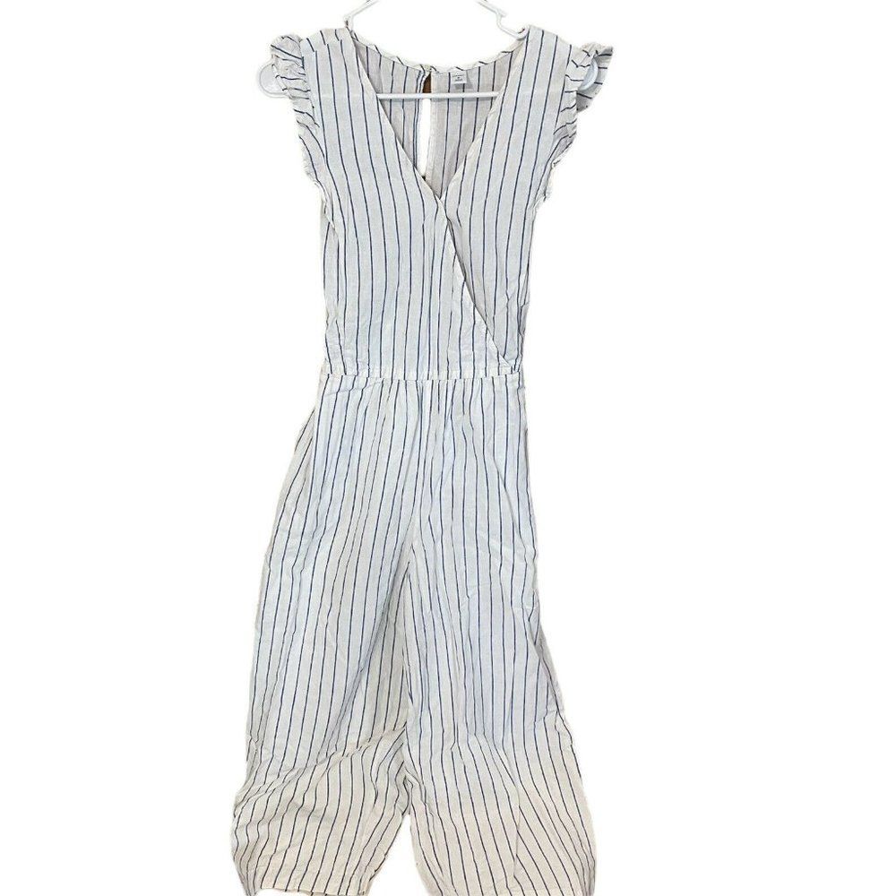 Old Navy Women’s Med Linen Ruffle Sleeve Striped Jumpsuit  Tie White Blue Stripe